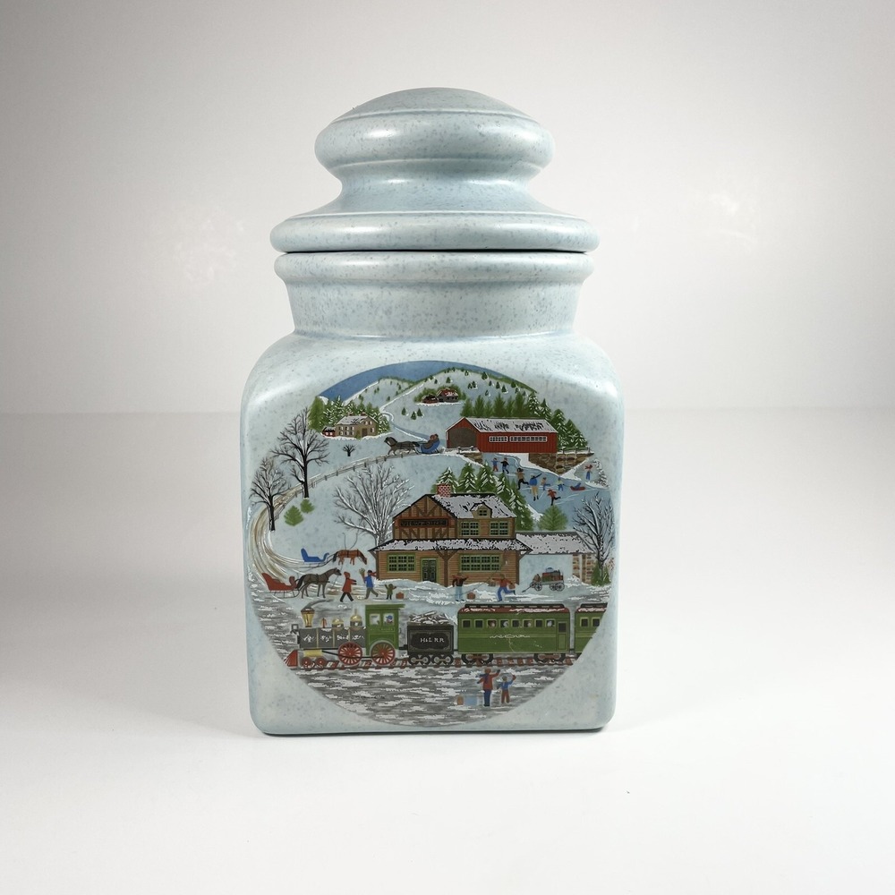 Vintage Ceramic Pale Blue Spackle Lidded Cookie Jar  Winter Small Town Picture